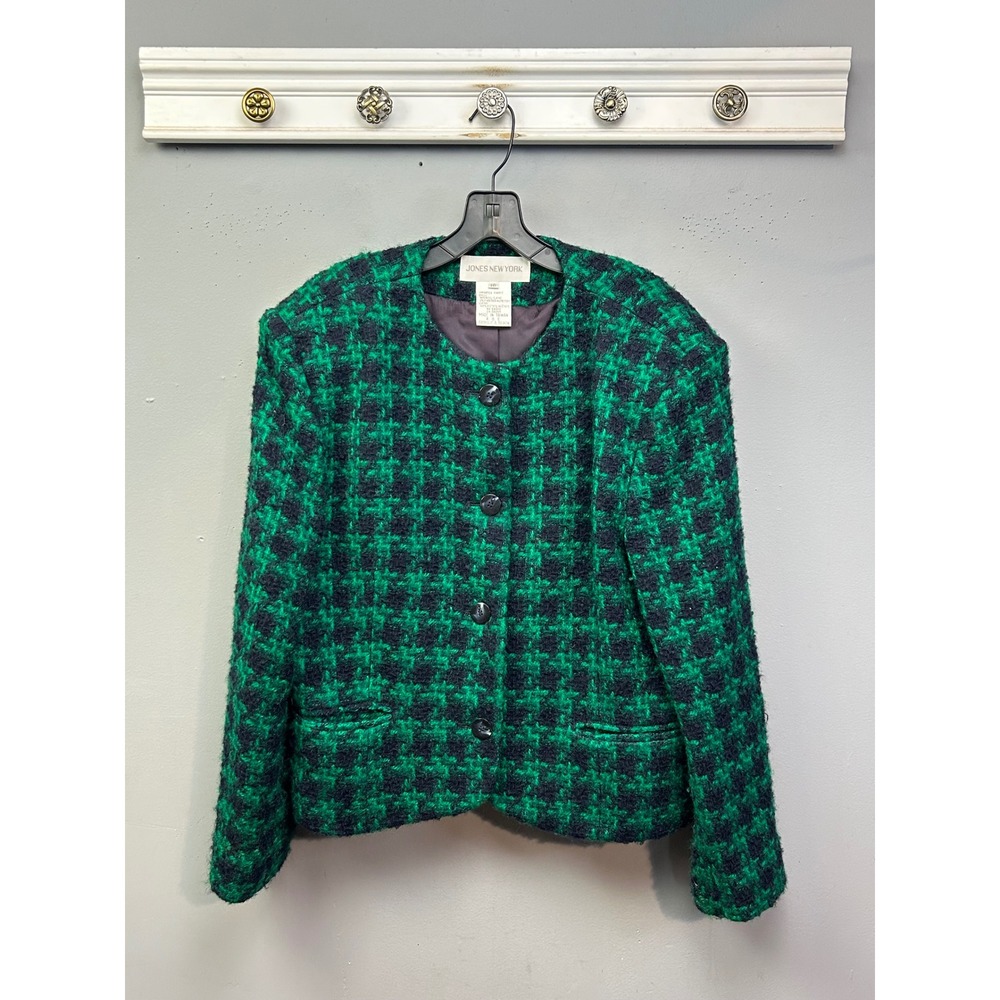 Jones New York Blazer Womens 16 Green Houndstooth Wool Boucle Jacket Vintage